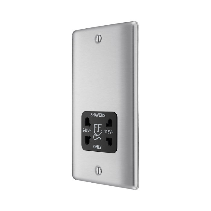 Metallic wall socket with shaver outlet on a white background side