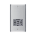 Metallic wall outlet with shaver socket label on a white background