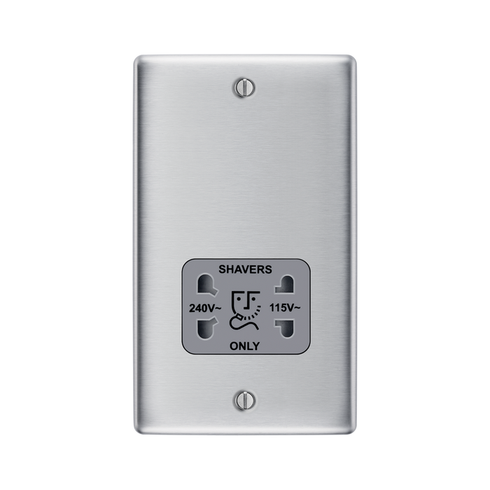 Metallic wall outlet with shaver socket label on a white background