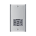 Metallic wall outlet with shaver socket label on a white background