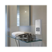 Metallic wall outlet with shaver socket label on a white background bathroom setting