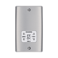 Metallic wall socket with shaver outlet label on a white background