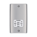 Metallic wall socket with shaver outlet label on a white background