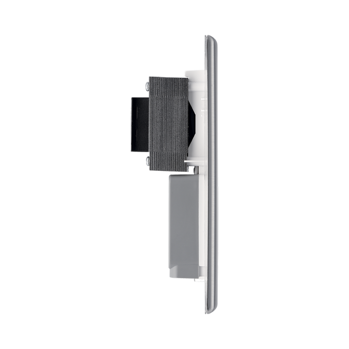 Metallic wall socket with shaver outlet label on a white background profile