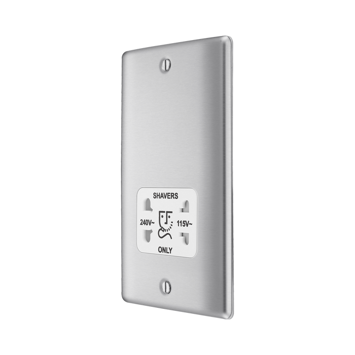Metallic wall socket with shaver outlet label on a white background side