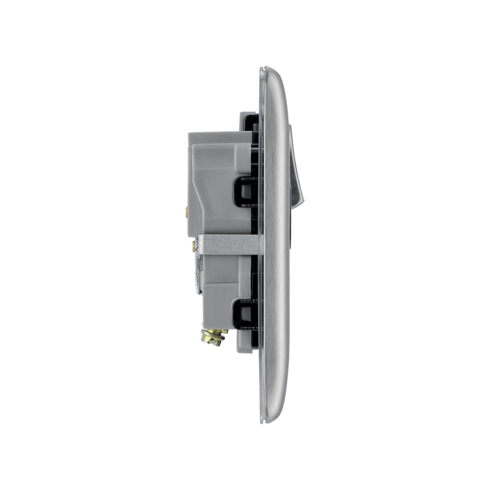 Metallic electrical socket with black inserts on a white background profile