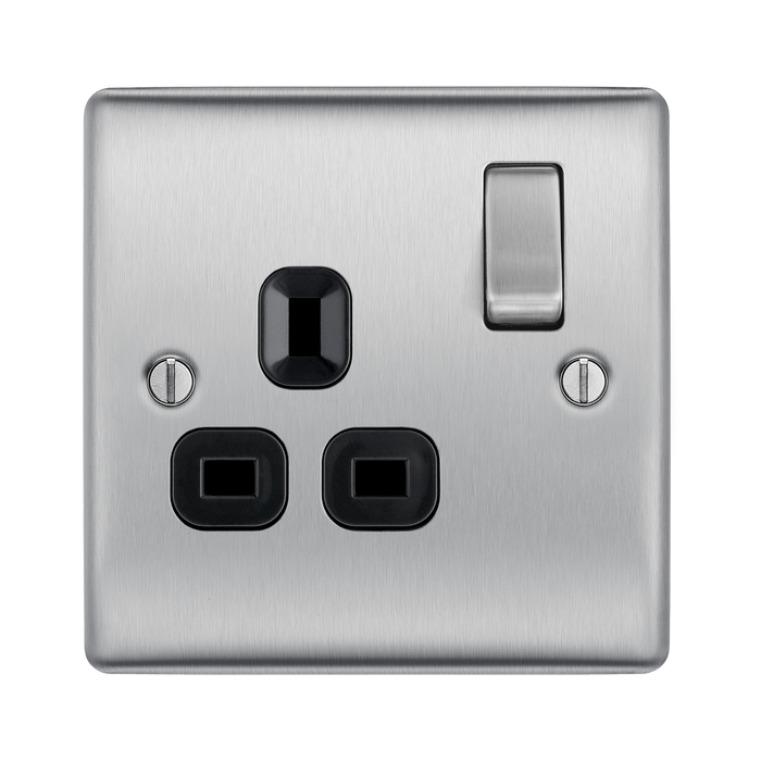 Metallic electrical socket with black inserts on a white background