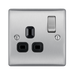 Metallic electrical socket with black inserts on a white background