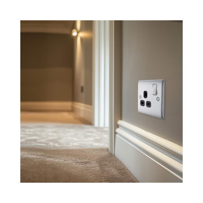 Metallic electrical socket with black inserts on a white background hall setting