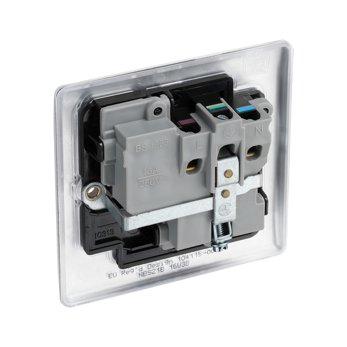 Metallic electrical socket with black inserts on a white background back