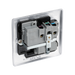 Metallic electrical socket with black inserts on a white background back