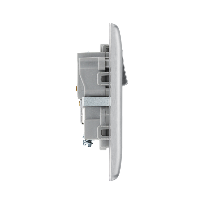 Metallic light switch with socket on a white background profile