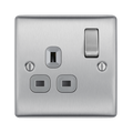 Metallic light switch with socket on a white background