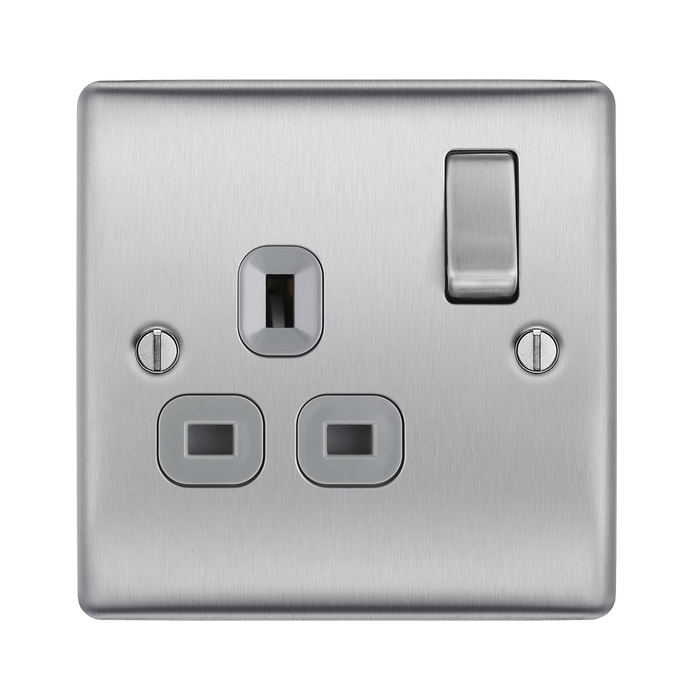 Metallic light switch with socket on a white background