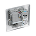 Metallic light switch with socket on a white background back