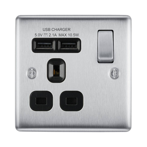 BG Nexus Metal Brushed Steel 13A Single USB Socket NBS21U2B Available from RS Electrical Supplies