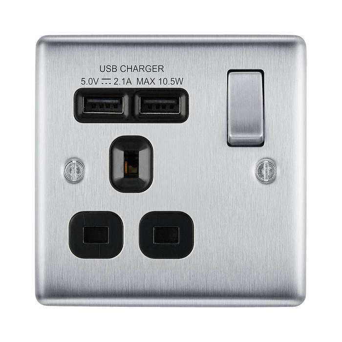 BG Nexus Metal Brushed Steel 13A Single USB Socket NBS21U2B Available from RS Electrical Supplies