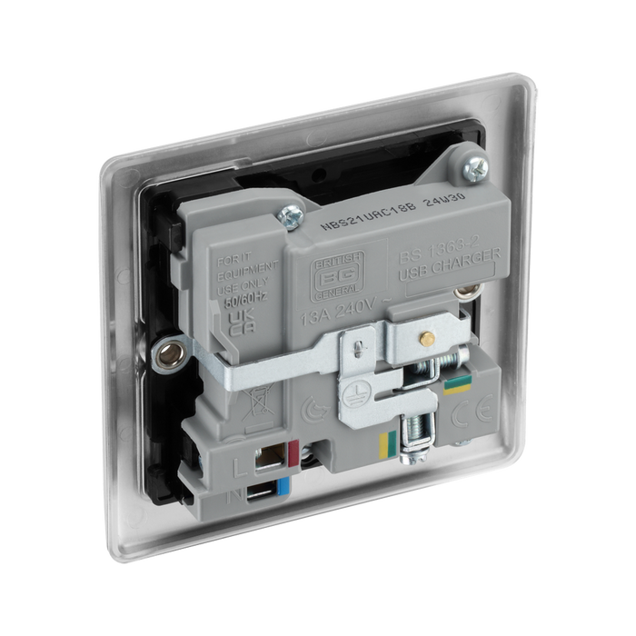 Metallic electrical socket with USB ports and switch on a white background back
