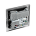 Metallic electrical socket with USB ports and switch on a white background back