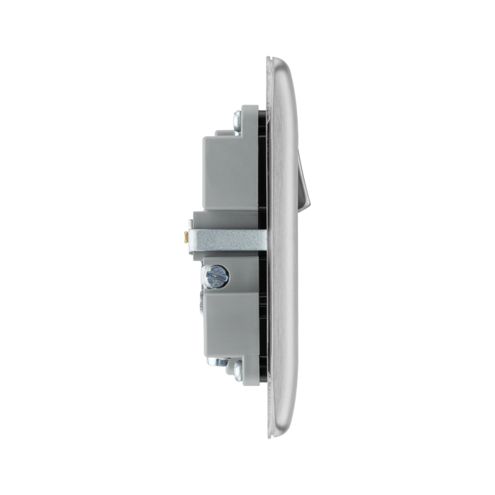 Metallic electrical socket with USB ports and switch on a white background profile
