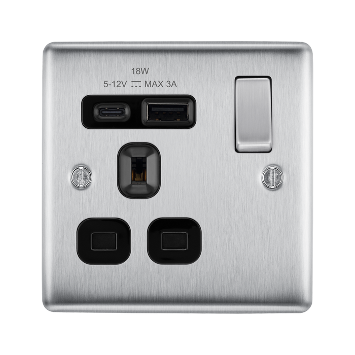 Metallic electrical socket with USB ports and switch on a white background