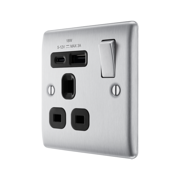 Metallic electrical socket with USB ports and switch on a white background side