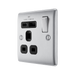 Metallic electrical socket with USB ports and switch on a white background side