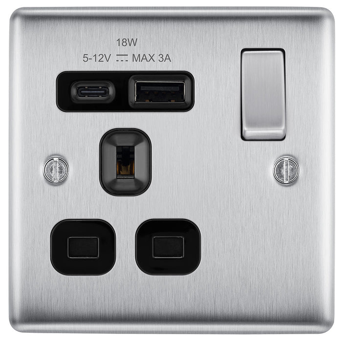 Metallic electrical socket with USB ports and switch on a white background