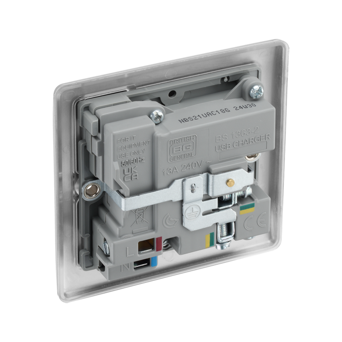 Silver electrical switch with USB charging port and socket on a white background back