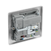 Silver electrical switch with USB charging port and socket on a white background back