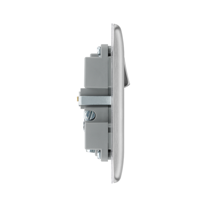 Silver electrical switch with USB charging port and socket on a white background profile
