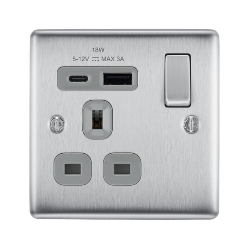 Silver electrical switch with USB charging port and socket on a white background