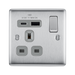 Silver electrical switch with USB charging port and socket on a white background