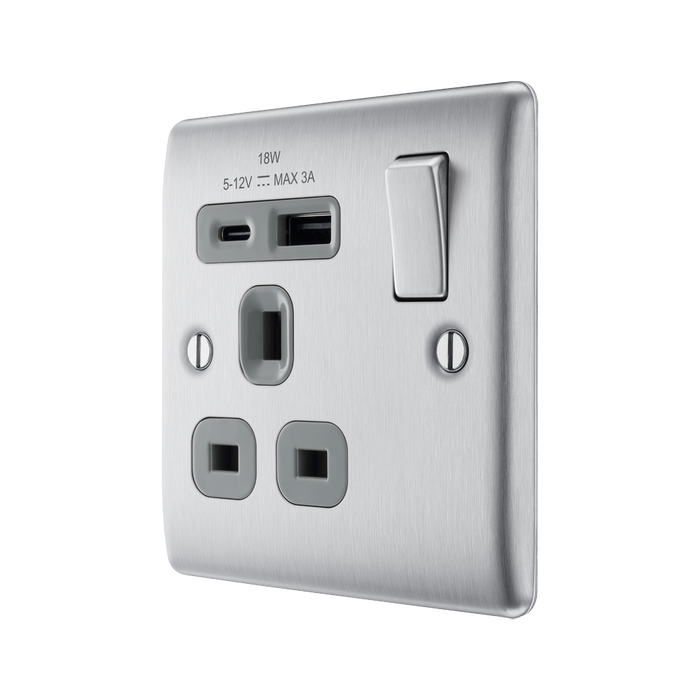 Silver electrical switch with USB charging port and socket on a white background side