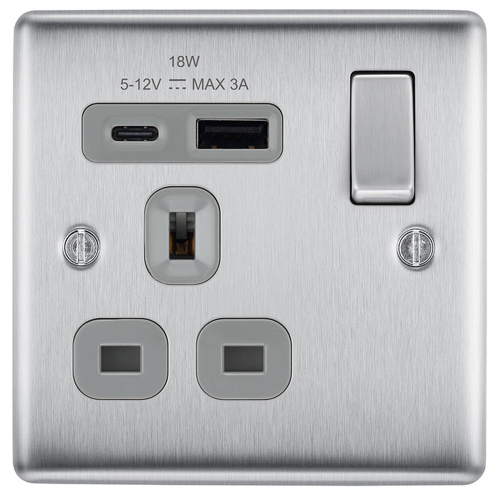 Metallic electrical socket with USB and power outlet on a white background