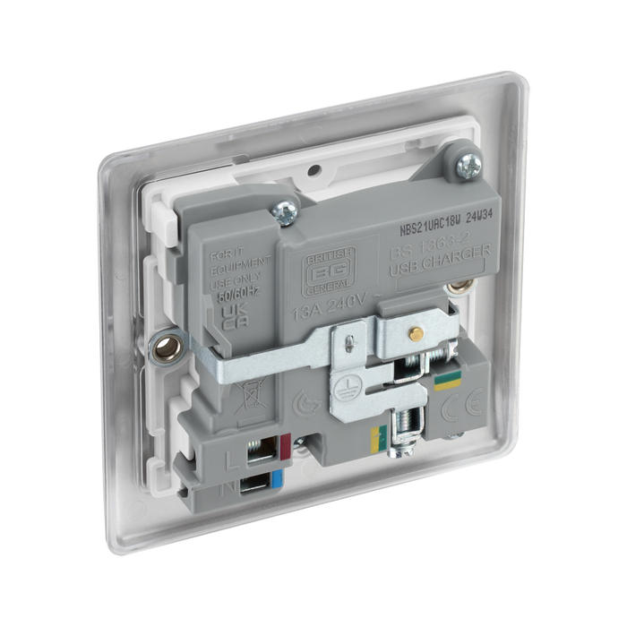 Metallic electrical switch with USB and socket outlets on a white background back