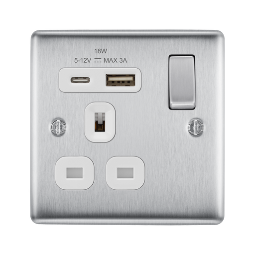 Metallic electrical switch with USB and socket outlets on a white background