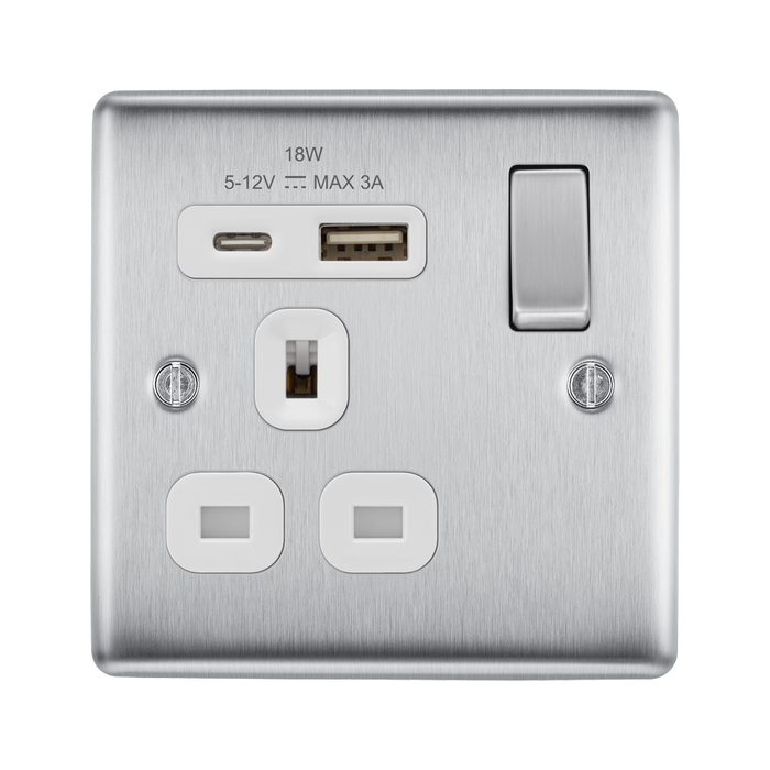 Metallic electrical switch with USB and socket outlets on a white background