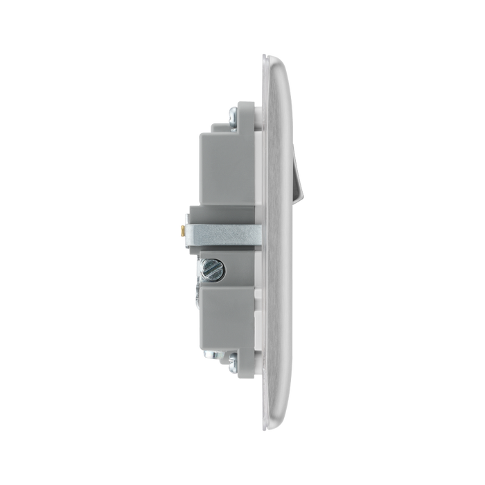 Metallic electrical switch with USB and socket outlets on a white background profile