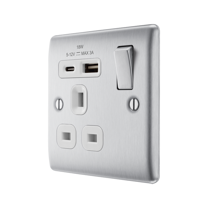 Metallic electrical switch with USB and socket outlets on a white background side