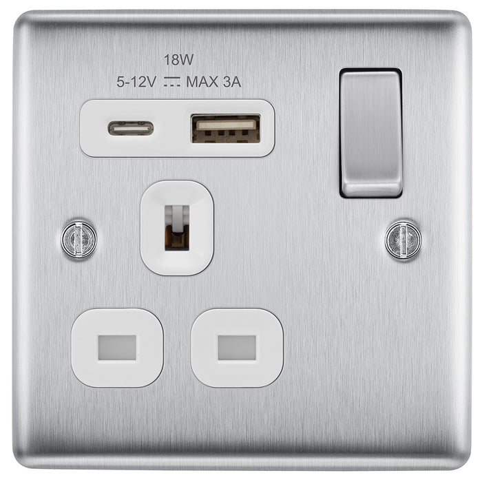 Metallic electrical socket with USB ports and switch on a white background