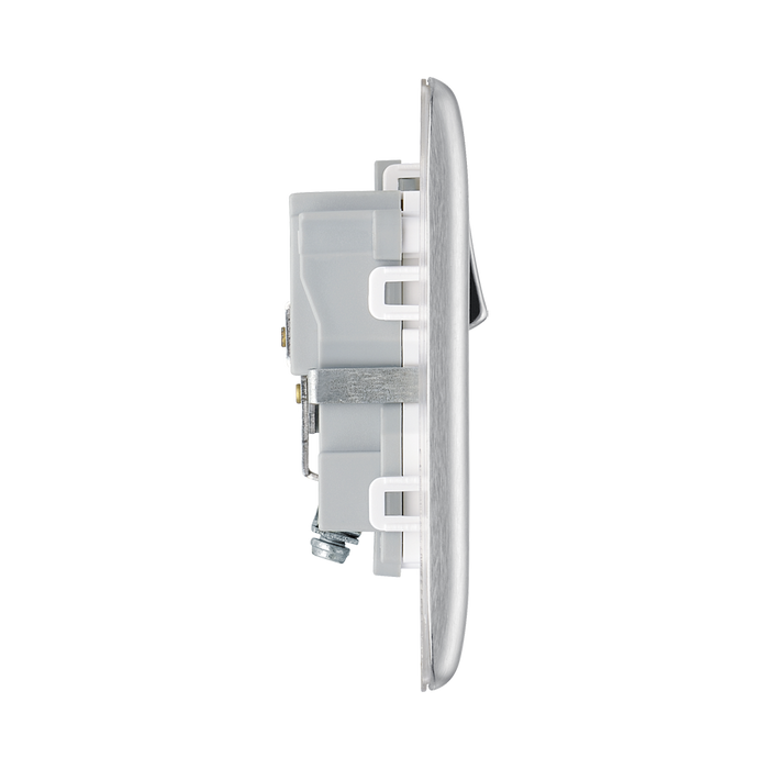 Metallic light switch with socket on a white background profile