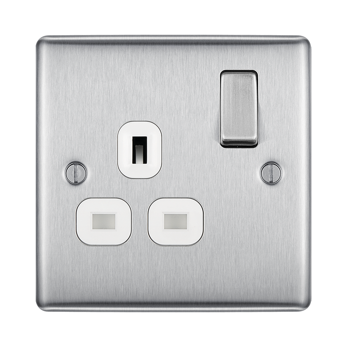 Metallic light switch with socket on a white background