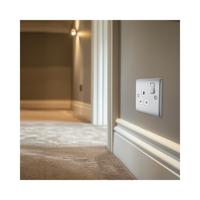Metallic light switch with socket on a white background hall setting