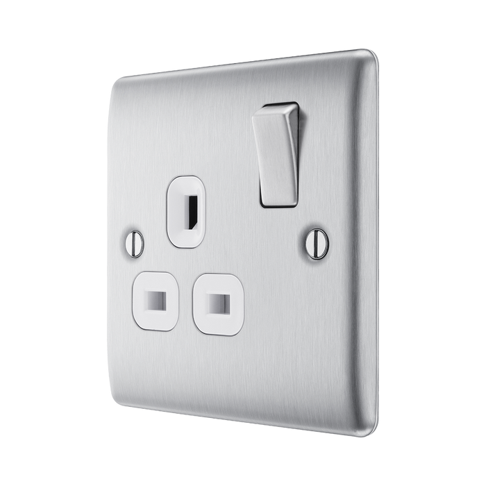 Metallic light switch with socket on a white background side