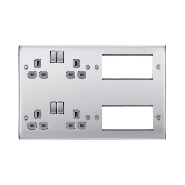 BG Nexus Metal Brushed Steel Double Socket Combination Plate NBS222EM8G Available from RS Electrical Supplies