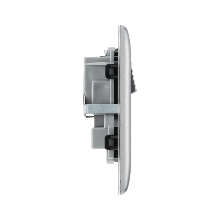 Metallic electrical socket with two black outlets and two silver rocker switches on a white background profile