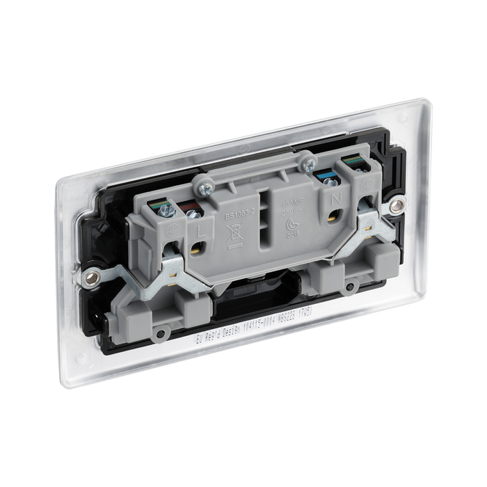 Metallic electrical socket with two black outlets and two silver rocker switches on a white background back