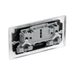 Metallic electrical socket with two black outlets and two silver rocker switches on a white background back