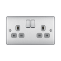 Metallic electrical switch with multiple sockets and switches on a white background